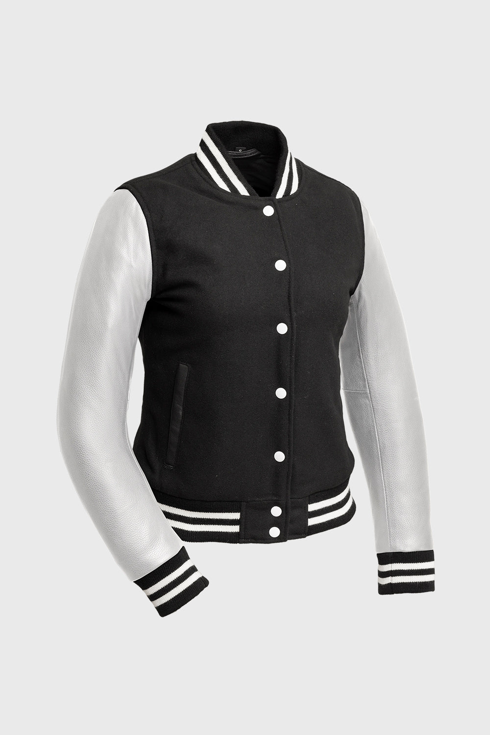 Sarah - Women's Varsity Jacket - White Leather Sleeves First Manufacturing Company