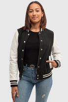 Sarah - Women's Varsity Jacket - White Leather Sleeves First Manufacturing Company