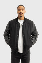 Varsity Black Wool Body/Black Leather Sleeves Men's Varsity Bomber Jacker 